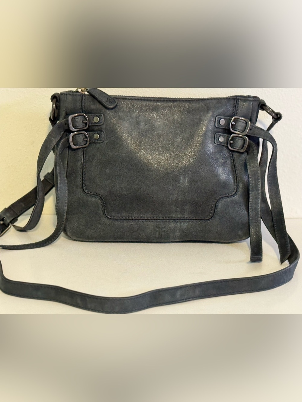 Frye Charcoal Gray Genuine Leather Suede Crossbody Bag Strappy/buckle  Details
